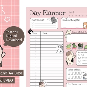 Lindo planificador del día del gato / Planificador diario del gato Kawaii / Descarga digital instantánea / Planificador imprimible / Estacionario amante del gato
