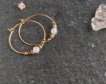 Rose Quartz Hoop Earrings | 1 inch creoles gold | stainless steel stainless steel earrings | shell jewelry | boho chic | pink gemstone