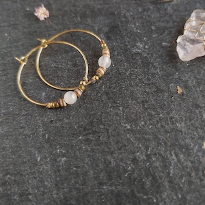 Rose Quartz Hoop Earrings | 1 inch creoles gold | stainless steel stainless steel earrings | shell jewelry | boho chic | pink gemstone