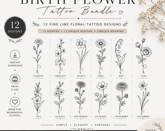 12 Birth Flower Tattoo Designs Bundle | Minimal Fine Line Botanical Tattoos | Birth Month Floral Flash Sheet | Instant Digital Download