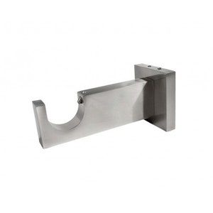 May include: A silver-colored curtain rod bracket. The bracket has a rectangular base and a curved arm to hold the rod. The metal has a brushed finish. The bracket is designed for mounting on a wall.