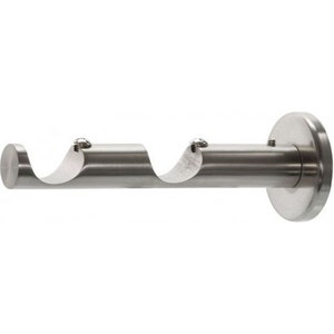 May include: Silver metal curtain rod bracket with a curved design. The bracket has a round base and is designed to hold two curtain rods.