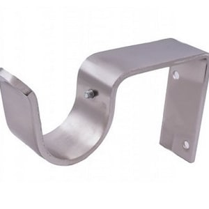 May include: A silver-colored, curved curtain rod bracket. The bracket has a curved support and a flat top, with two holes for mounting. The bracket is made of metal and has a smooth, reflective surface.