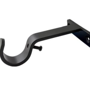 May include: A black metal curtain rod bracket with a curved hook design. The bracket has a rectangular mounting plate with two holes for screws and a curved arm that holds the rod. The bracket is designed to be mounted on a wall.