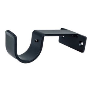 May include: Black metal curtain rod bracket with a curved arm and a flat base. The bracket is designed to hold a curtain rod.