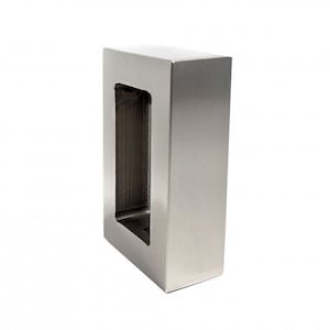 May include: A brushed stainless steel door pull with a rectangular opening. The pull is designed to be mounted on a door.