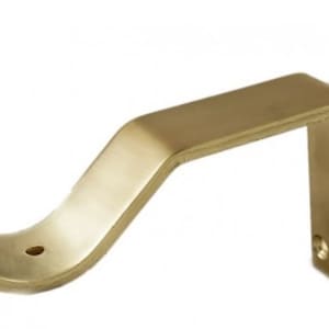 May include: A gold metal curtain rod bracket with a curved arm and a square base. The bracket has two screw holes on the base.