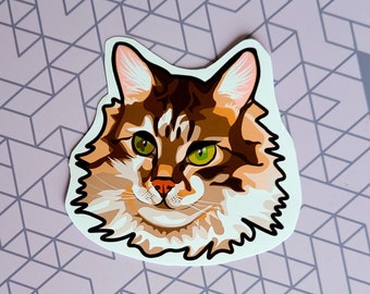 Maine Coon Cat Sticker | Brown Cat Sticker | Vinyl Waterproof Cat Sticker | Realistic Cat Portrait Sticker | Fluffy Cat Vinyl Sticker