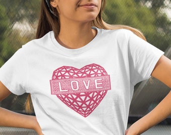 Womens Vintage Inspired Linocut Love Heart Block Printed Graphic Tshirt Valentine's Day Anniversary Gift For Her