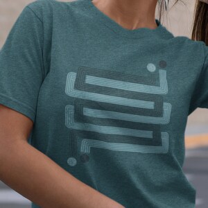 Womens retro geometric t-shirt, inspired by the 1970s and Art Deco, cool gift for her, Layered ZigZags Teal
