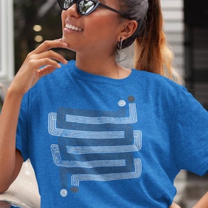 Womens retro geometric t-shirt, inspired by the 1970s and Art Deco, cool gift for her, Layered ZigZags Blue