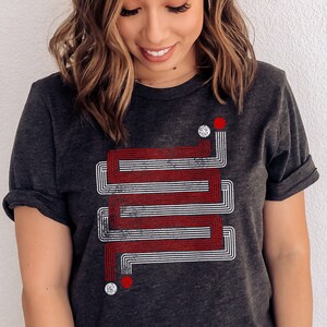 Womens retro geometric t-shirt, inspired by the 1970s and Art Deco, cool gift for her, Layered ZigZags Dark Gray