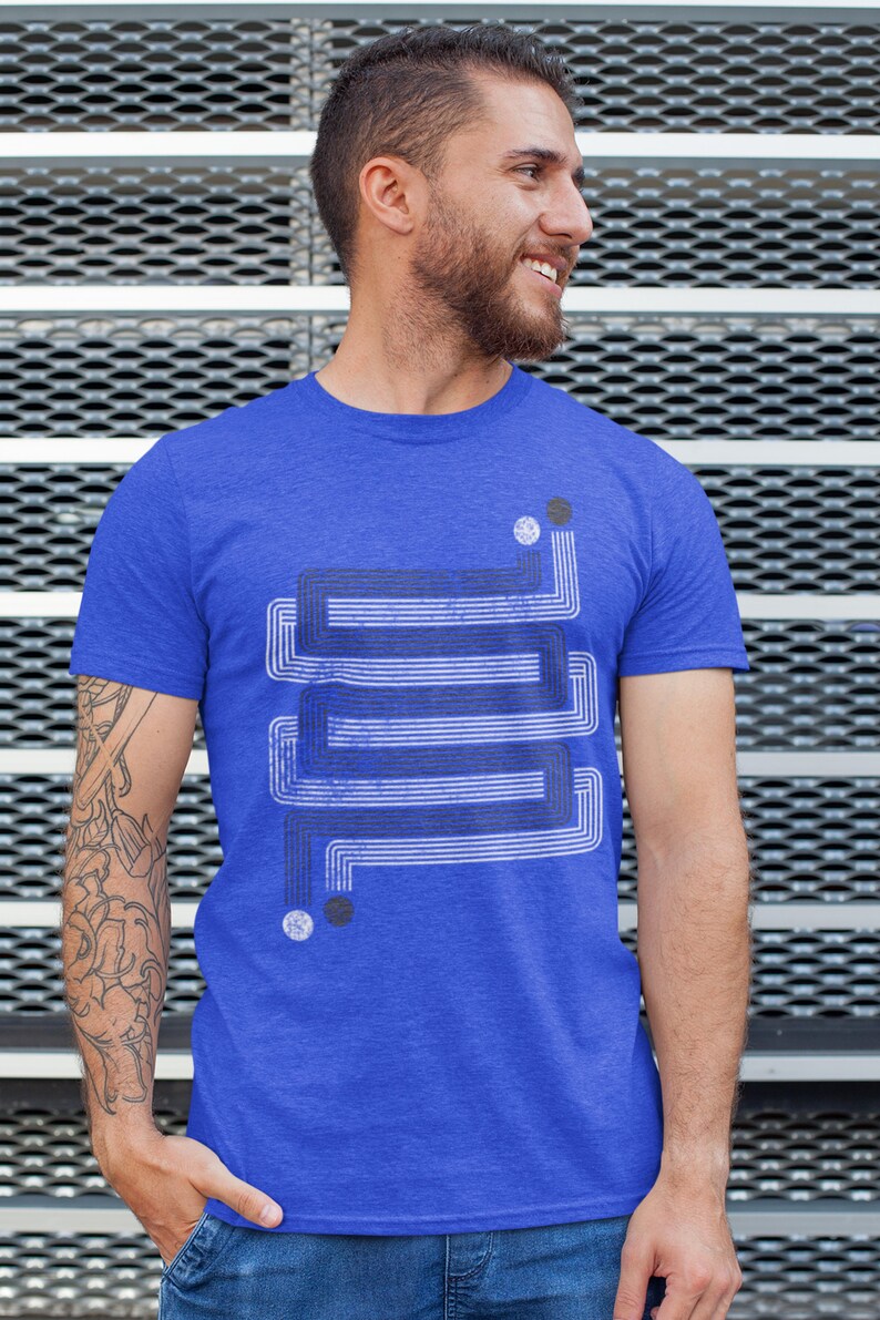 Mens retro geometric print t-shirt, abstract graphic tee, Layered ZigZags design, cool gift for him image 4