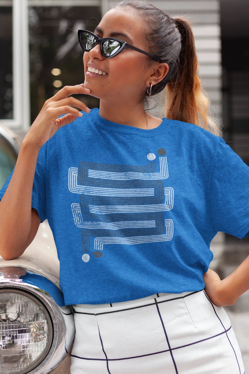 Womens retro geometric t-shirt, inspired by the 1970s and Art Deco, cool gift for her, Layered ZigZags Blue