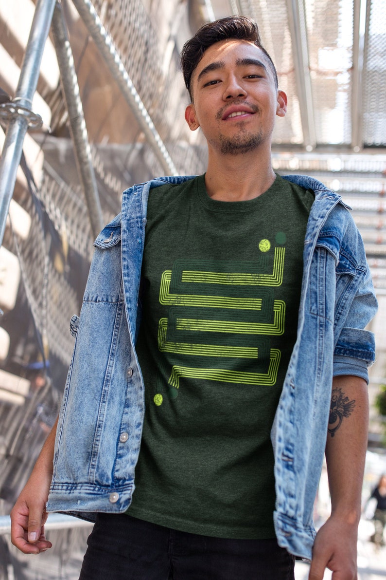 Mens retro geometric print t-shirt, abstract graphic tee, Layered ZigZags design, cool gift for him Green