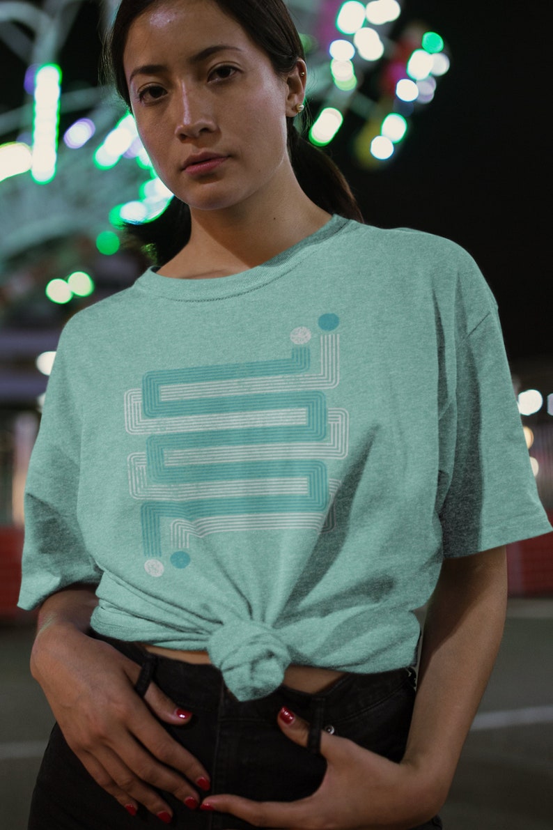 Womens retro geometric t-shirt, inspired by the 1970s and Art Deco, cool gift for her, Layered ZigZags Mint