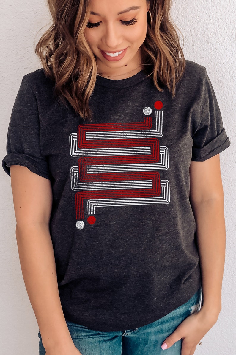 Womens retro geometric t-shirt, inspired by the 1970s and Art Deco, cool gift for her, Layered ZigZags Dark Gray