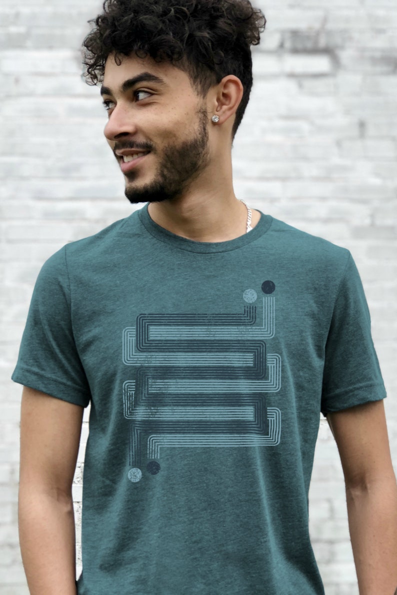 Mens retro geometric print t-shirt, abstract graphic tee, Layered ZigZags design, cool gift for him Teal