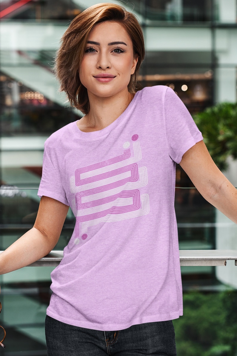 Womens retro geometric t-shirt, inspired by the 1970s and Art Deco, cool gift for her, Layered ZigZags Pink