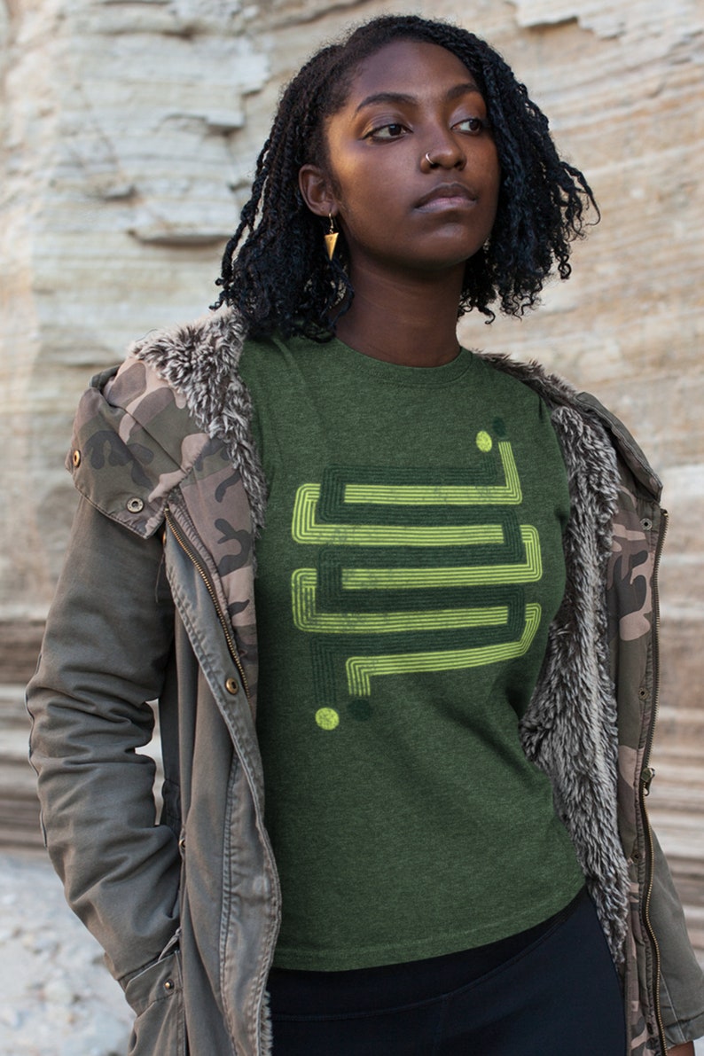 Womens retro geometric t-shirt, inspired by the 1970s and Art Deco, cool gift for her, Layered ZigZags Green