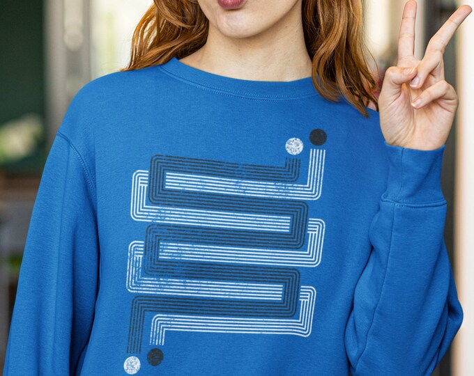 Unisex retro geometric sweatshirt, inspired by Art Deco, video games and the 1970s, cool gift for gamer, Layered ZigZags
