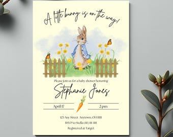 Märchenbuch Kaninchen-Babypartyeinladung, blaues Gartenthema, bearbeitbare Canva einladen (digitaler Download)