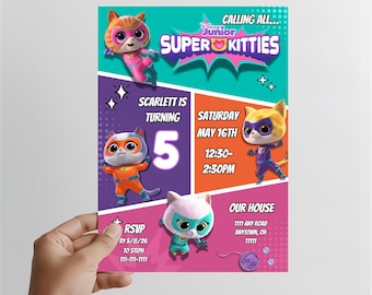 Superkitties Geburtstagseinladung, bearbeitbare Canva Kids Party Vorlage (digitaler Download)