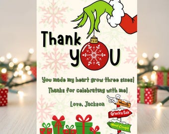 Grinch Weihnachten Dankeskarte, bearbeitbare Feiertagsnotiz (digitaler Download)