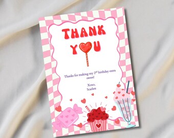 Valentinstag Dankeskarte Vorlage, zu süßes Candy Thema, bearbeitbares Canva Dankeschön, rosa Valentinstag Party Favor