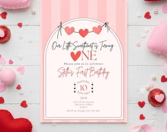 Valentinstag ersten Geburtstag Einladung Vorlage | Unser Kleiner Schatz Wird Eins Drehen | Rosa Herz zum 1.Geburtstag einladen