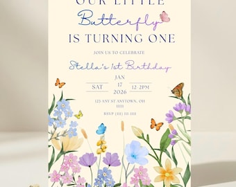 Unser kleiner Schmetterling Erster Geburtstag Einladungsvorlage, Bearbeitbarer Schmetterling Geburtstag einladen, Garten Blumenmädchen 1. Geburtstag
