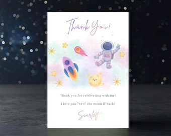 Zwei Mond-Dankeschön-Geburtstagskarte, Weltraumraketen-Aquarell (Digitaler Download)