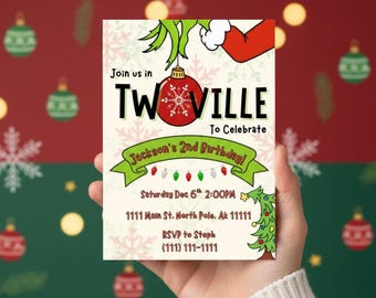 Twoville Grinch Einladung zum 2.Geburtstag | Weihnachtsfeier, Canva Vorlage (Digitaler Download)