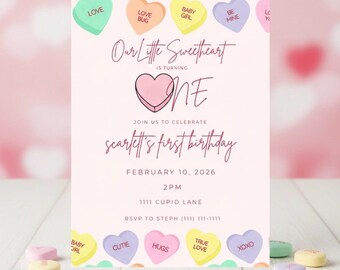 Valentinstag Einladung zum ersten Geburtstag, Candy Hearts Geburtstagskarte, unser kleiner Schatz, eine Einladung, bearbeitbare Canva-Vorlage