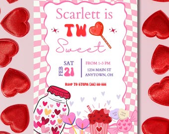 Zwei süße Geburtstagseinladung, Valentinstag 2. Geburtstag einladen, Candy Heart Party, bearbeitbare Canva-Vorlage, rosa süßes Thema