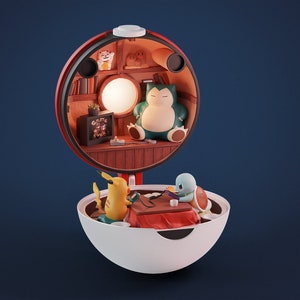 May include: A red and white Poke Ball with a small interior scene. Inside the Poke Ball, a green Snorlax is sleeping on a bed. Two Pokemon, a yellow Pikachu and a blue Squirtle, are sitting at a table with a red and white blanket. The table has a small black and white sign that says "Game Over".