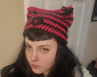 Cat Ear Beanie -  Red and Black Striped Cat Beanie - Kitty Ear Hat - Cute Goth Hat - Alt Crocheted Hat