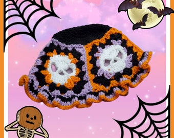 Purple And Orange Granny Square Crocheted Bucket Hat - Skull Granny Square Hat - Cute Handmade Accessorry