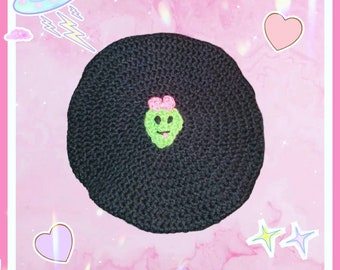 Black and Green Beret - Cute Hat With Alien Patch - Cute Crocheted Hat - Cute Handmade Accessorry