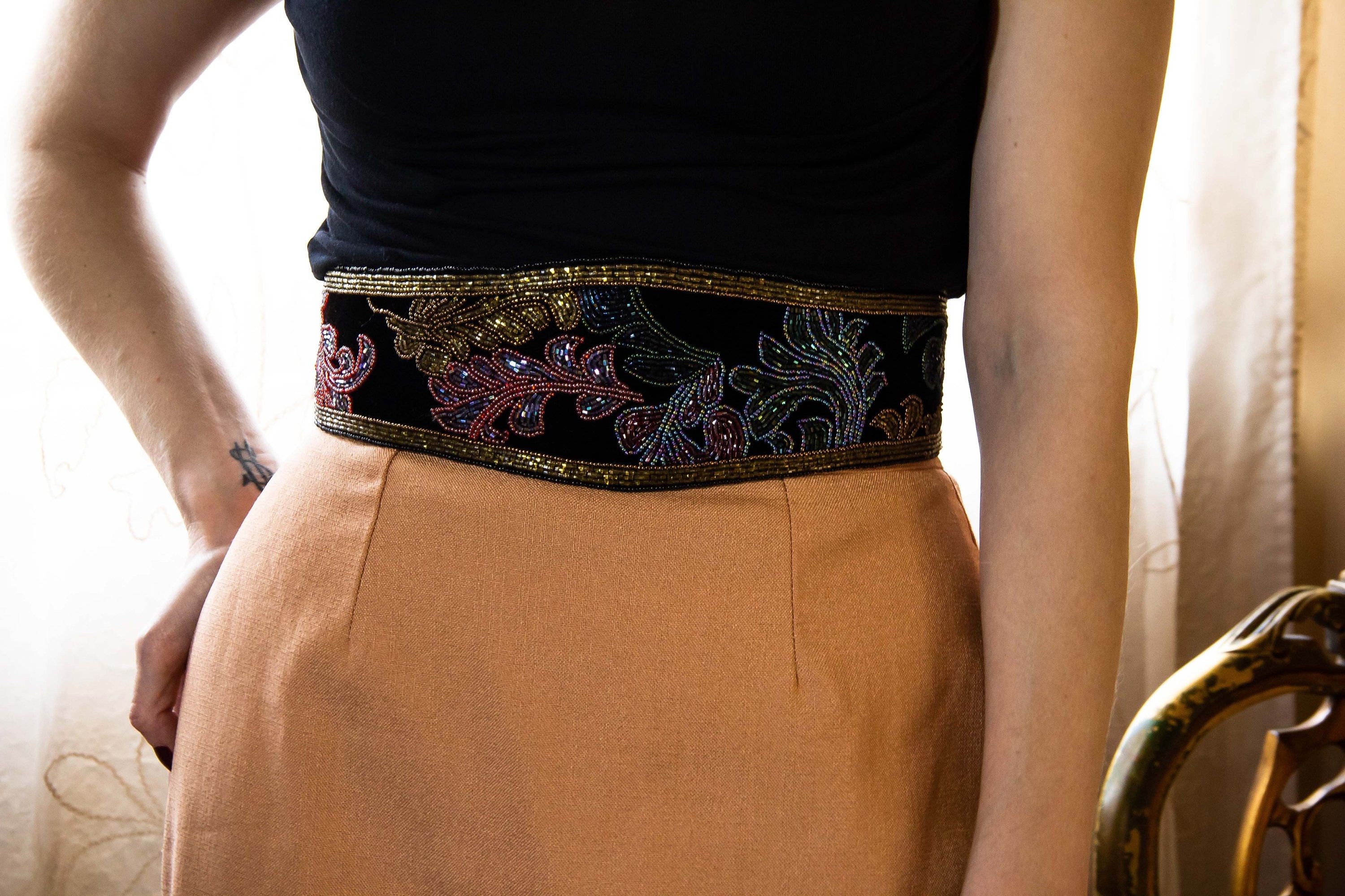 Magid Black Beaded Floral Belt Carla Marchi Womens One Size Fits All Beaded Paisley Vintage  main image 3