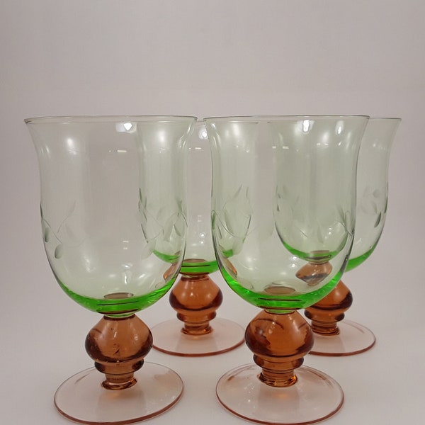 Wine / Water Glasses ~ Set of 4 ~ Reverse Watermelon Glass ~ Depression Glass ~ Vintage ~ Rare