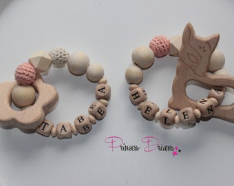 Natur Greifling Beisring mit Namen Häkelperlen Holzgreifling Mädchen Baby Geschenk personalisiert Geburt Taufe Babyparty Babykette Holz