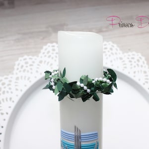 Candle drip guard made of boxwood garland, boxwood wreath, rose petals, drip guard for communion, baptism candle protection, baptism candle cover made of felt