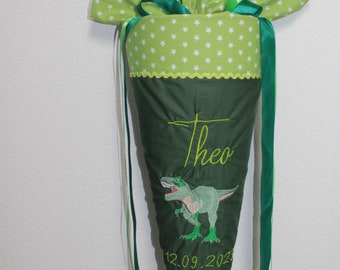 School cone with name and/or motif, many colors, school enrollment green T-Rex, sugar cone with blank, school cone for the 1st day of school, cotton muslin