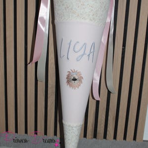 Fabric school cone with pillow, school cone with name, school cone for school enrollment with lion motif, school cone for girls, school cone for the first day of school