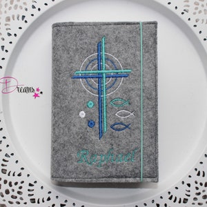Coprilibro per inni in feltro, coprilibro per inni per comunione, coprilibro per inni con nome, coprilibro per inni personalizzato doppia croce grigio crema