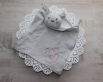 Muslin sniffer bunny with name, sniffer cloth personalized, baptism gift baby burp cloth, cuddly blanket bunny personalized with name