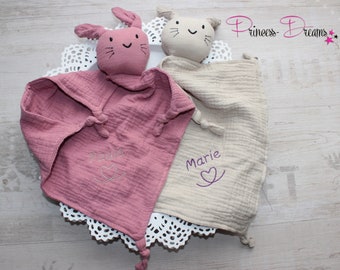 Musselin Schnuffelhase mit Namen, Schnuffeltuch personalisiert, Tauf Geschenk Baby Spucktuch , Schmusetuch Hase mit Namen personalisiert