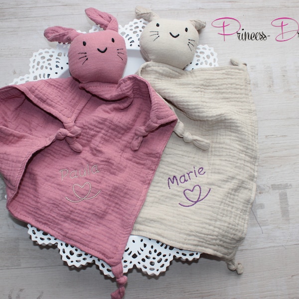 Musselin Schnuffelhase mit Namen, Schnuffeltuch personalisiert, Tauf Geschenk Baby Spucktuch , Schmusetuch Hase mit Namen personalisiert