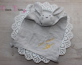 Muslin sniffer bunny with name, sniffer cloth personalized, baptism gift baby burp cloth, cuddly blanket bunny personalized with name